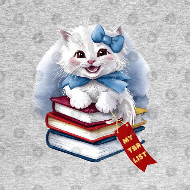 My TBR List Funny Sky Blue Book Stack Cute Coquette Kitten wearing Blue Bow and Ribbon with Red Bookmark for Book Lovers, Book Readers and White Cat Lovers by Motistry